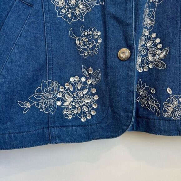 Vintage Allia Petites Women’s 10P Blue Floral Embroidered Button Down Shirt Top - Picture 2 of 10